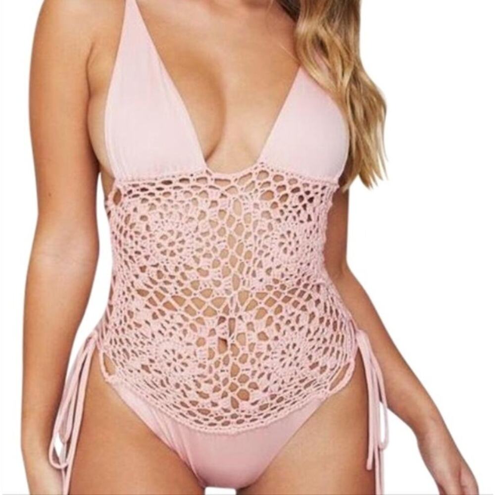 Frankie's Bikinis Lilah Crocheted One-Piece Swimsuit Pink Womens Medium - Picture 13 of 13